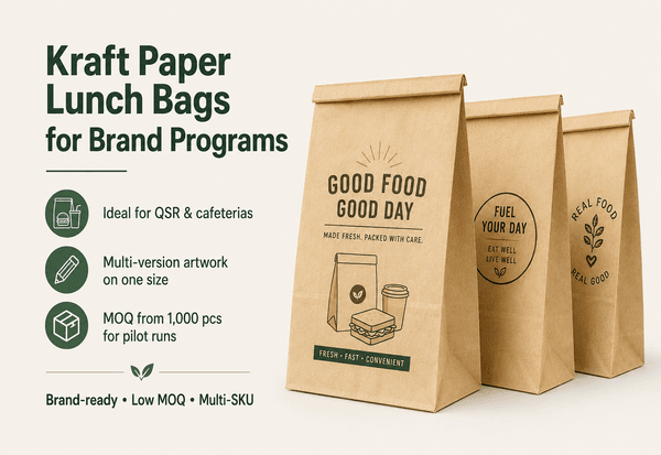 Branded kraft lunch bag with stamped logo for corporate program
