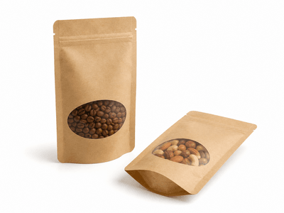 White kraft stand up pouch with transparent round window for snacks