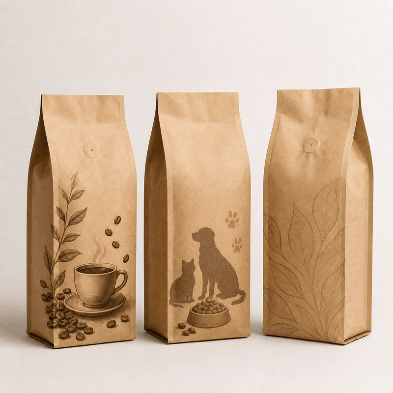 Kraft quad seal pouches for coffee, pet food and premium retail