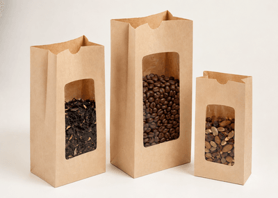 Kraft SOS bag with a transparent front window revealing product contents inside