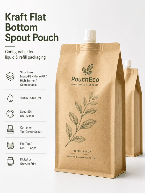 Detail composite: cross-section of pouch laminate, spout-and-cap assembly, and finish samples (matte, soft-touch, spot-gloss)
