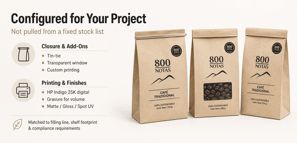 Material cross-section diagram of Kraft Paper SOS Bag showing kraft outer, adhesive, and barrier liner labelled layer by layer