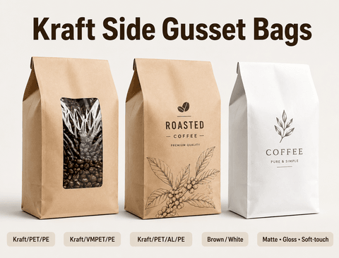Custom kraft coffee side gusset bag with degassing valve and tin-tie closure