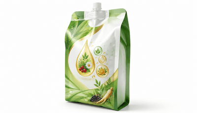 Protein drink and electrolyte concentrate kraft quad seal spout pouches on a gym counter