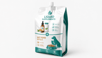Pet supplement kraft quad seal spout pouch alongside a dog food bowl