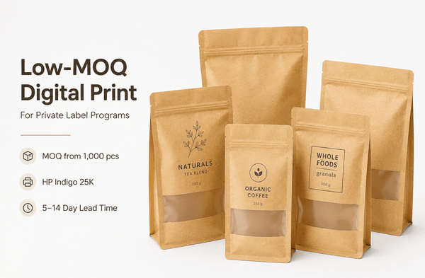 HP Indigo 25K digital printing of custom kraft box bottom pouches