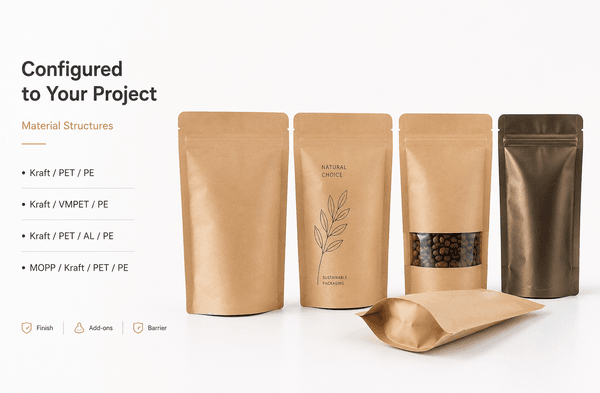 Close-up of Kraft Stand Up Pouch material structure -- kraft outer with laminated inner film, zipper detail, and degassing valve