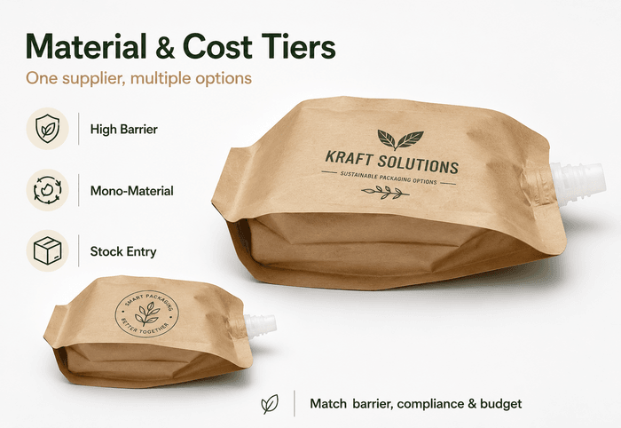 Three kraft quad seal spout pouches labeled high, mid, and entry tier on a presentation board
