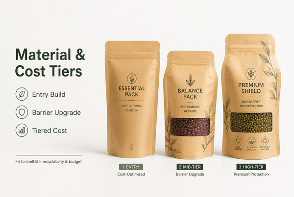 Layered comparison showing entry, mid, and premium kraft pouch material structures