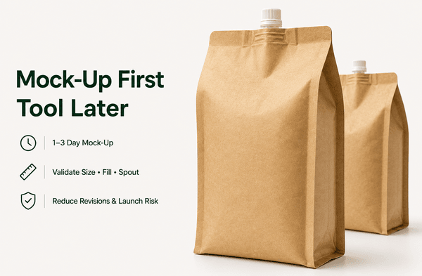 Designer holding a hand-made kraft pouch mock-up over technical drawings