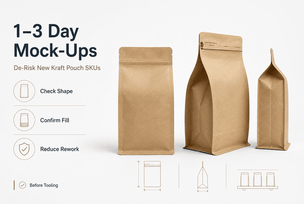 Designer reviewing handmade kraft pouch mock-up samples on a lightbox