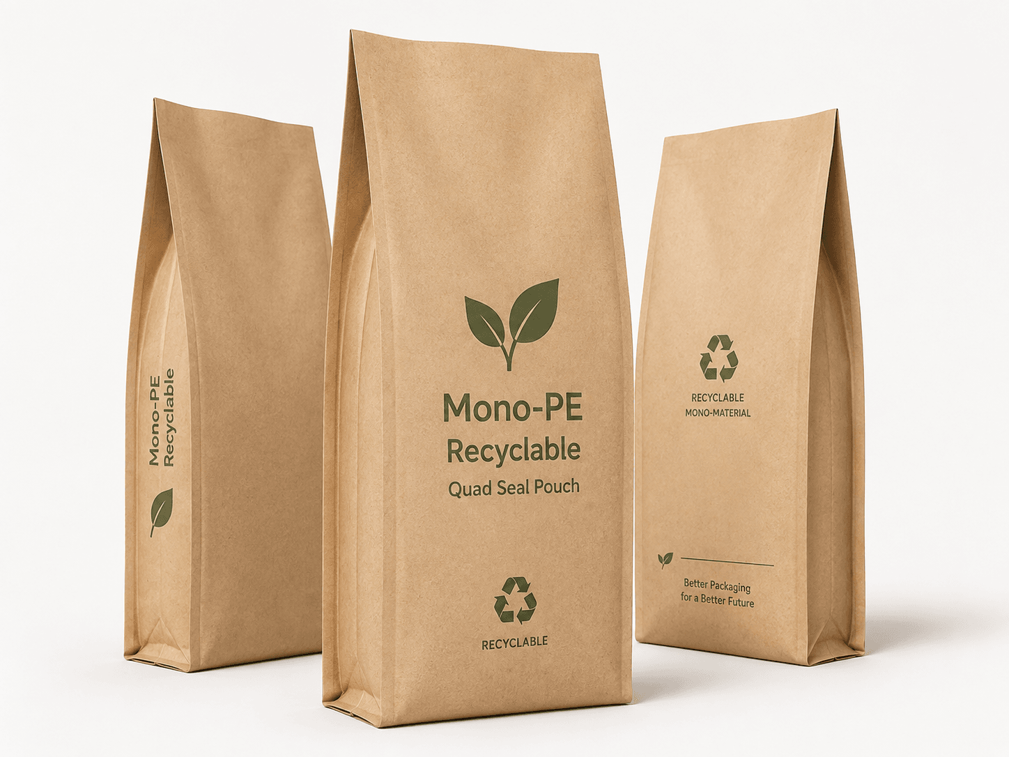 Mono-PE Recyclable Kraft Quad Seal Pouches -- product photo on white background