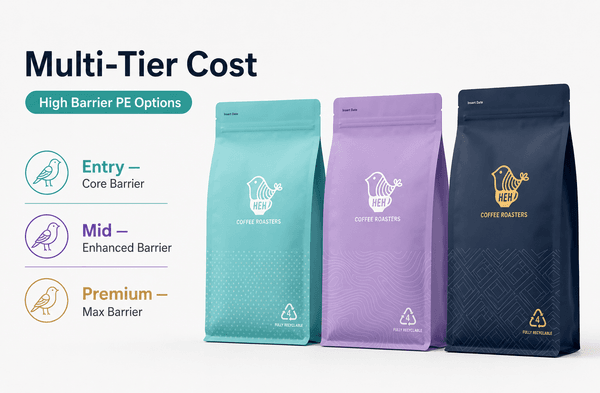 Multi-tier cost engineering for high barrier PE pouch -- entry, mid, and premium structural configurations
