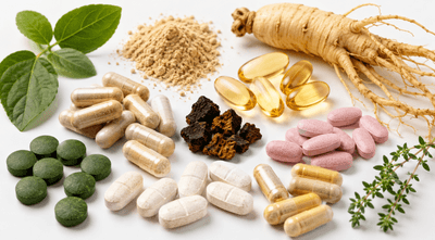 Nutraceutical capsule and powder kraft pouches on clinical-style shelf