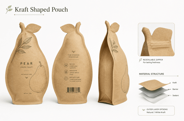 Multi-angle product photography of kraft shaped pouch showing front, back, gusset detail, and zipper close-up