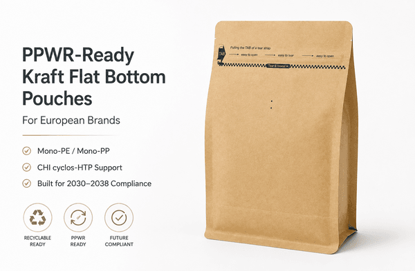 Recyclable Mono-PE kraft flat bottom pouch for European pet food brand