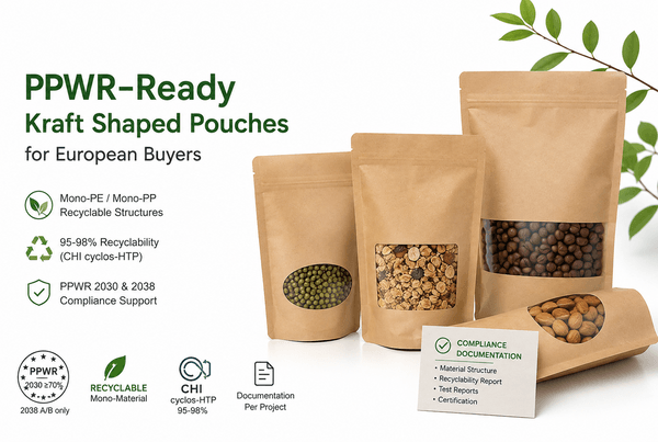 EU PPWR compliance illustration showing kraft pouches with recyclability assessment overlay