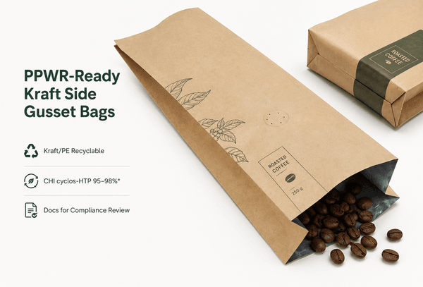 Mono-material kraft PE recyclable side gusset bag close-up texture detail