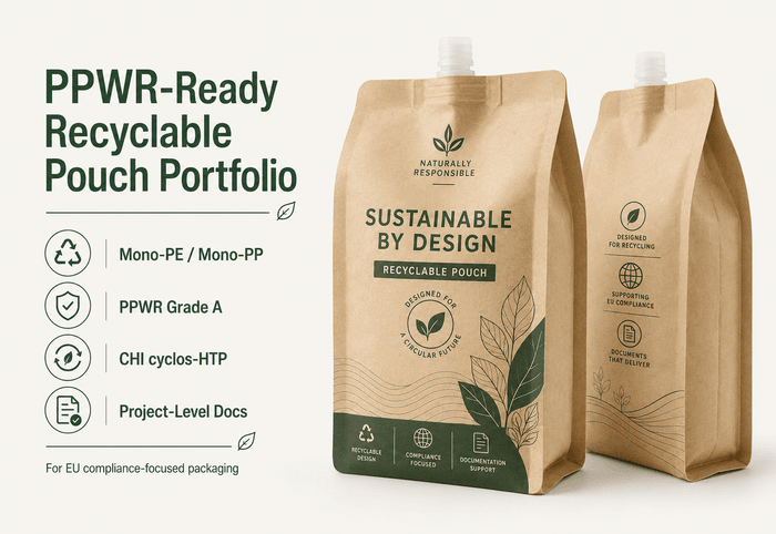 EU regulatory documentation and recyclable kraft spout pouches on a meeting table
