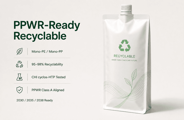 Recyclable mono-material kraft pouch alongside CHI cyclos-HTP and PPWR reference graphics