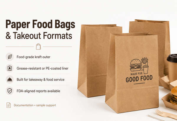 Kraft paper takeout food bags filled at quick-service counter