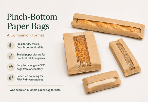 Pinch-bottom kraft paper bags alongside SOS bags for comparison