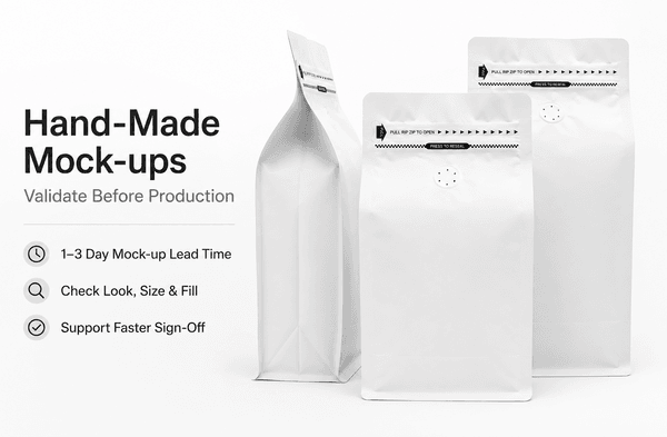 High-fidelity hand-made mock-up of kraft flat bottom pouch for pre-launch validation
