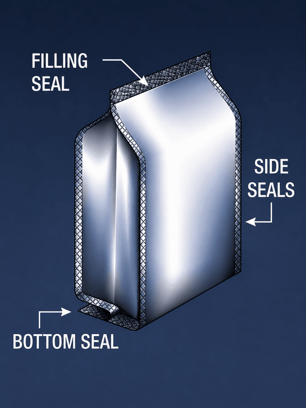 Detailed view of kraft quad seal pouch -- front panel, side gusset, and base seal