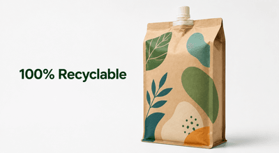 Recyclable flat bottom spout pouch with eco certification mark on a green background