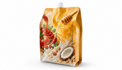 Sauce and honey kraft quad seal spout pouches in a deli display