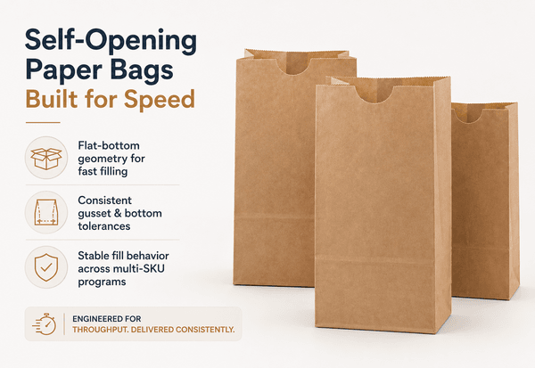 Bag-making line producing self-opening kraft paper bags at high throughput