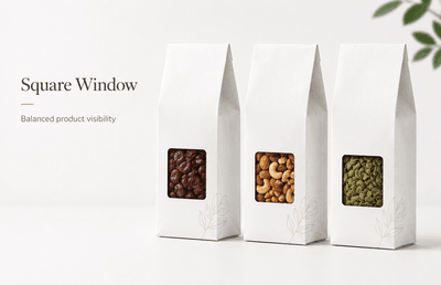 Square window centered on kraft bag