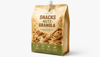 Kraft quad seal pouch with spout for granola or nut mix