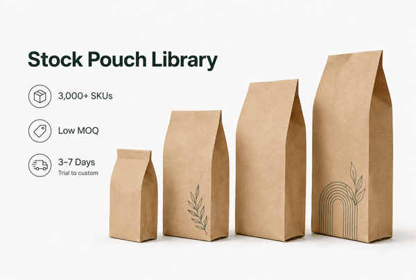 Warehouse rack showing rows of stock kraft pouches in multiple shapes and sizes