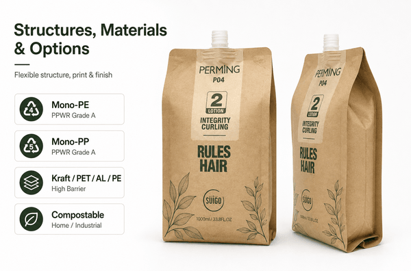 Three kraft quad seal spout pouches in different sizes showing spout, gusset, and kraft texture detail