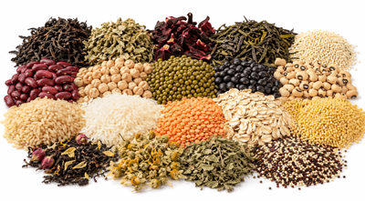 Loose-leaf tea dried herbs and spices in matte black kraft 3-side seal pouches