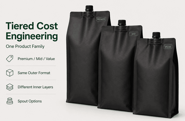 Three kraft pouches side by side labeled premium, mid, and value tier