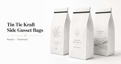 Kraft side gusset bag with tin tie resealable closure at the top for coffee and bakery products