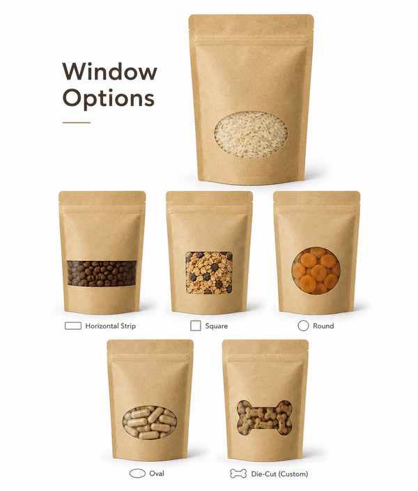 Comparison grid showing five kraft shaped pouches each with a different window shape -- horizontal strip, square, round, oval, and custom die-cut