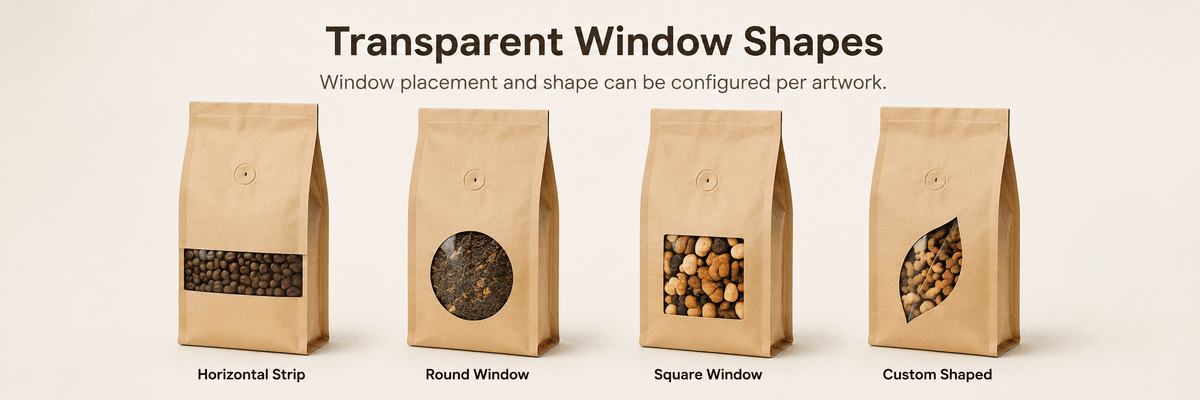 Four kraft quad seal pouches displaying different window shapes side by side
