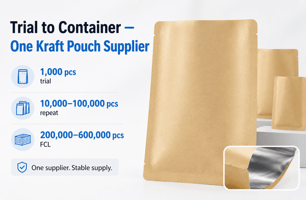 Pallet-stacked kraft 3-side seal pouch cartons being loaded into a sea container
