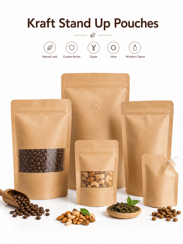 Lineup of Kraft Stand Up Pouches in different sizes and formats -- coffee bag, pet food pouch, snack pouch with window