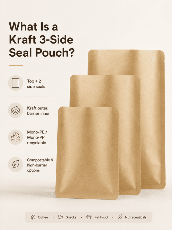 Kraft 3-side seal pouch construction close-up showing top seal two side seals kraft outer surface and inner barrier film