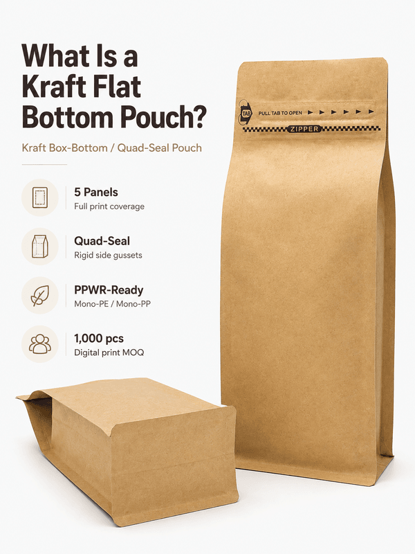Anatomy of a kraft flat bottom pouch showing five-panel construction