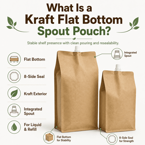 Close-up product shot: single kraft flat bottom spout pouch showing the eight-side seal construction and corner spout with cap