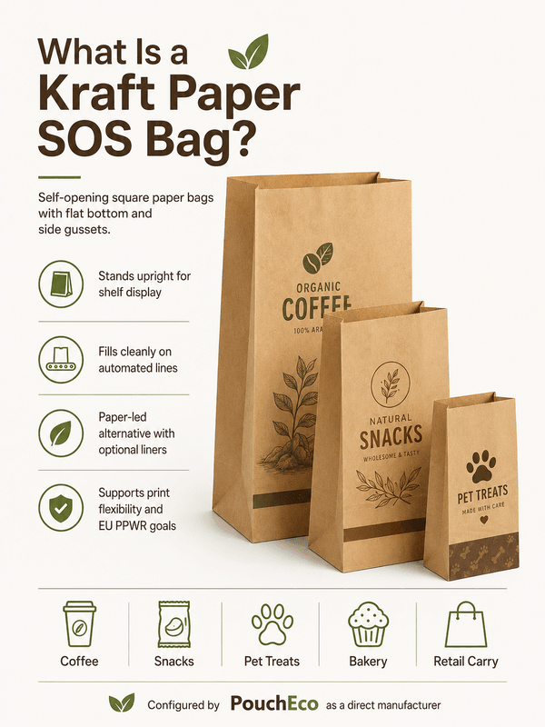 Close-up of a Kraft Paper SOS Bag standing upright, showing flat bottom, side gussets, and tin-tie closure