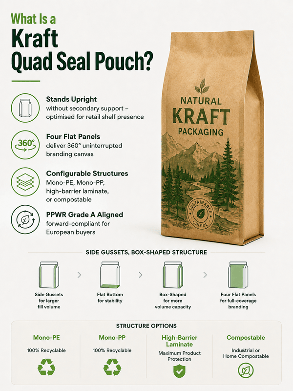 Close-up of a kraft quad seal pouch showing four side gussets and flat bottom construction