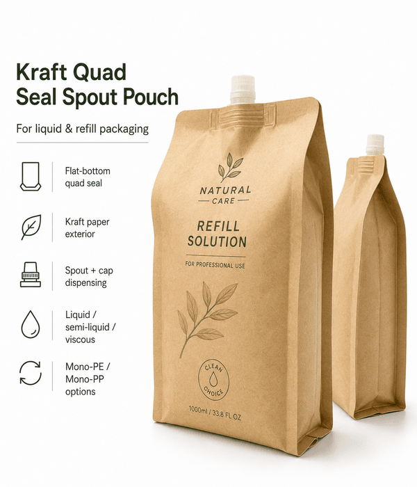 Kraft quad seal spout pouch standing on flat surface showing four panel structure, fitted spout and cap