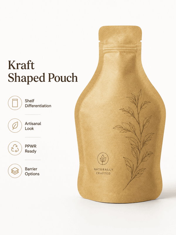 Detail shot of kraft shaped pouch showing die-cut contour and printed brand artwork