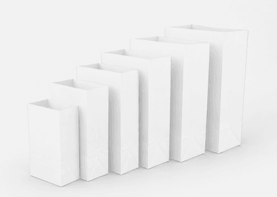 White kraft SOS bag with clean white paper surface and flat bottom, displayed on a minimal background
